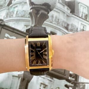 Fossil FS6091 Carraway Formal Watch Gold Case Black Croc Embossed Leather Strap